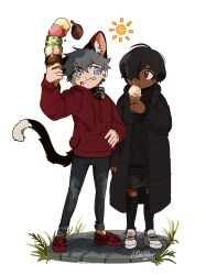 Rule 34 | 2boys, animal collar, animal ear fluff, animal ears, ankle socks, artist name, black coat, black shorts, black socks, black sweater, blue eyes, cat boy, cat ears, cat tail, coat, collar, commentary, crocs, dark skin, denim, deviidog0, english commentary, fangs, food, full body, grey hair, grin, hair between eyes, hair over one eye, hand on own hip, hand up, highres, holding, holding food, holding ice cream, hood, hood down, hoodie, ice cream, ice cream cone, jeans, licking, long sleeves, looking at another, male focus, multiple boys, original, pants, red eyes, red hoodie, shoes, short eyebrows, short hair, shorts, simple background, smile, sneakers, socks, standing, sun symbol, sweater, tail, tongue, tongue out, too many, too many scoops, twitter username, very dark skin, very short hair, white background, white footwear