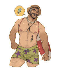 Rule 34 | 1boy, absurdres, alternate costume, arm hair, bara, beard, call of duty, captain price, chest hair, cropped legs, dilfborne (ventiskull), facial hair, food, goatee stubble, green male swimwear, grey hair, hairy, hand hair, hat, head tilt, highres, ice cream, innertube, large pectorals, leg hair, male focus, male swimwear, mature male, multicolored hair, muscular, muscular male, mustache, mutton chops, navel, navel hair, nipples, pectorals, short hair, solo, spoken object, stomach, streaked hair, stubble, sun hat, swim ring, swim trunks, thick eyebrows, thick thighs, thighs, topless male