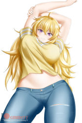 Rule 34 | 1girl, ahoge, arms up, blonde hair, blush, breasts, denim, facing viewer, gluteal fold, hair between eyes, hand on arm, hand on own arm, hands up, happy, highres, holding own arm, jeans, kimmy77, large breasts, long hair, looking at viewer, midriff, pants, parted lips, patreon logo, patreon username, purple eyes, ripped jeans, rwby, shirt, short sleeves, smile, solo, standing, stretching, t-shirt, watermark, web address, white background, yang xiao long, yellow shirt