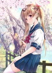 Rule 34 | amane sou, blonde hair, blue skirt, blush, cherry blossoms, closed mouth, flat chest, highres, long hair, looking at viewer, original, outdoors, pleated skirt, red eyes, school uniform, serafuku, sidelocks, sitting, skirt, smile, thighhighs, thighs, twintails, uniform, white thighhighs