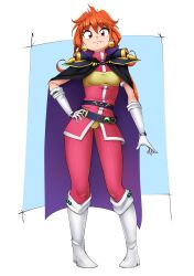 Rule 34 | 1girl, absurdres, belt, black belt, black capelet, blue background, boots, breasts, cape, capelet, closed mouth, commentary, earrings, full body, gloves, hair between eyes, hand on own hip, highres, jewelry, juliantheturtle, lina inverse, long hair, looking at viewer, medium bangs, orange eyes, orange hair, pants, pigeon-toed, pink pants, pink shirt, purple cape, shirt, slayers, small breasts, smile, solo, sphere earrings, standing, two-tone background, white background, white footwear, white gloves