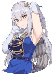Rule 34 | 1girl, :o, arm up, armpit peek, armpits, blue dress, breasts, brown eyes, dress, elbow gloves, eyes visible through hair, final fantasy, final fantasy brave exvius, glaciela wezette, gloves, grey hair, hair ornament, hand on own face, large breasts, long hair, looking at viewer, plaid, plaid scarf, scarf, shiseki hirame, simple background, war of the visions: final fantasy brave exvius, yellow eyes
