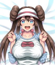 Rule 34 | 1girl, :d, bed sheet, blue eyes, breasts, brown hair, collarbone, commentary, creatures (company), curled fingers, double bun, eyebrows, eyelashes, fingernails, game freak, hair between eyes, hair bun, hand up, highres, large breasts, looking at viewer, lying, nintendo, on back, on bed, open mouth, poke ball print, pokemon, pokemon bw2, rosa (pokemon), shadow, shirt, short sleeves, sidelocks, signature, smile, solo, takecha, taut clothes, taut shirt, teeth, twintails, upper body, upper teeth only, visor cap