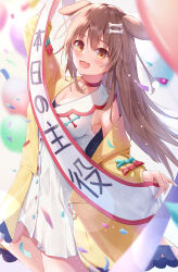 Rule 34 | 1girl, absurdres, animal ears, armpit crease, birthday sash, bone hair ornament, breasts, brown eyes, brown hair, cleavage, collar, confetti, dog ears, dog girl, dress, hair between eyes, hair ornament, hairpin, highres, holding, hololive, inugami korone, inugami korone (1st costume), jacket, large breasts, long hair, long sleeves, looking at viewer, medium breasts, off shoulder, open mouth, smile, solo, virtual youtuber, white dress, wolfgang (paul94104875)