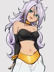 Rule 34 | 1girl, android 21, bare shoulders, black tube top, blue eyes, bracelet, breasts, cleavage, collarbone, dragon ball, dragon ball fighterz, earrings, grey background, hair between eyes, hoop earrings, jewelry, kemachiku, light persona, light purple hair, long hair, looking at viewer, majin android 21, medium breasts, midriff, navel, open mouth, simple background, smile, solo, strapless, tube top, tube top