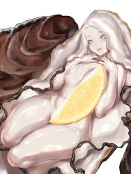 Rule 34 | 1girl, :q, absurdres, breasts, commentary, completely nude, convenient censoring, eyelashes, food, food focus, forehead, fruit, grey hair, highres, kumiko shiba, large breasts, legs folded, lemon, lemon slice, long hair, looking at viewer, monster girl, nipples, nude, original, oyster, parted bangs, shiny skin, simple background, solo, thick thighs, thighs, tongue, tongue out, white background, white hair, yonic symbol