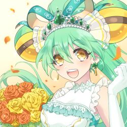 Rule 34 | 1girl, bouquet, dress, earrings, flower, gloves, green hair, high ponytail, holding, holding bouquet, jacqueline (show by rock!!), jewelry, long hair, looking at viewer, mel6969, orange background, orange eyes, orange flower, orange rose, rose, show by rock!!, sleeveless, sleeveless dress, smile, solo, tareme, teeth, tiara, white dress, white gloves, yellow flower, yellow rose