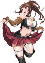 Rule 34 | 00s, 1girl, bare shoulders, belt, blush, boots, breasts, brown eyes, brown hair, brown skirt, cleavage, collar, collarbone, high ponytail, ikkitousen, long hair, looking at viewer, medium breasts, midriff, navel, open mouth, simple background, skirt, skirt hold, smile, solo, thigh boots, thighhighs, white background, yagyu mitsuyoshi