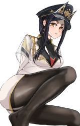 Rule 34 | 1girl, absurdres, arknights, arm behind back, bilei, black hair, black pantyhose, breasts, commentary request, dobermann (arknights), forehead, gold trim, hair over breasts, hair over shoulder, hat, highres, long bangs, long hair, looking at viewer, lying, mole, mole under eye, no shoes, on side, open mouth, pantyhose, parted lips, pointy nose, simple background, skirt, soles, solo, spread legs, thick eyebrows, white background, yellow eyes