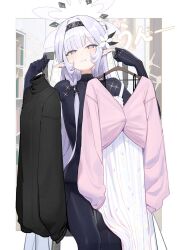 black_sweater blue_archive bodysuit bookshelf commentary dress flower grey_hair hairband halo highres himari_(blue_archive) long_hair mole mole_under_eye pink_sweater pointy_ears purple_eyes sitting sweater translated white_dress zanya_000