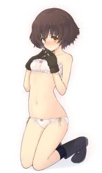 Rule 34 | 10s, 1girl, akiyama yukari, black footwear, black gloves, black socks, blush, boots, bow, bow bra, bow panties, bra, brown eyes, brown hair, closed mouth, commentary request, fingers together, frilled bra, frills, full body, girls und panzer, gloves, kneeling, lace, lace-trimmed panties, lace trim, looking at viewer, messy hair, panties, pink bra, pink panties, short hair, side-tie panties, simple background, smile, socks, solo, underwear, underwear only, uro (urotanc), white background
