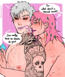 Rule 34 | 2boys, bacchyarts, bite mark, black sclera, blush, colored sclera, condom, condom wrapper, diavolo, english text, hickey, highres, jojo no kimyou na bouken, lipstick, lipstick mark, long hair, looking at another, makeup, male focus, multiple boys, nipples, pectorals, piercing, pink hair, purple lips, red eyes, risotto nero, scratches, speech bubble, tattoo, vento aureo, white hair, yaoi