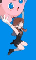 Rule 34 | 1girl, ;), armpits, arms up, bare arms, black dress, black footwear, boots, bright pupils, brown hair, commentary request, creatures (company), dress, game freak, gen 1 pokemon, gloves, green (pokemon), grey eyes, highres, jigglypuff, long hair, looking at viewer, momotose (hzuu xh4), nintendo, one eye closed, pokemon, pokemon adventures, side slit, sidelocks, smile, twitter username, watermark, white gloves, white pupils