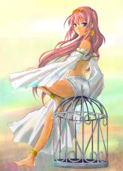 Rule 34 | 1girl, alternate costume, anklet, bare shoulders, barefoot, blue eyes, cage, earrings, feet, female focus, headpiece, highres, jewelry, long hair, looking at viewer, looking back, mao1985, megurine luka, midriff, pink hair, revealing clothes, serious, sitting, solo, strapless, tube top, vocaloid