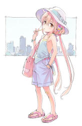 Rule 34 | 1girl, bag, bandaid, bandaid on knee, bandaid on leg, bare shoulders, blonde hair, bracelet, brown eyes, cityscape, commentary request, flower, food, fugo, full body, futaba anzu, hair flower, hair ornament, hand in pocket, hat, idolmaster, idolmaster cinderella girls, jewelry, long hair, low twintails, pocky, sandals, shorts, shoulder bag, sketch, solo, sun hat, tank top, twintails