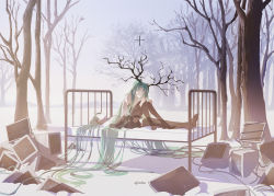 Rule 34 | 2girls, absurdly long hair, ajimita, antlers, aqua eyes, aqua hair, bare shoulders, bare tree, black legwear, closed mouth, commentary request, crt, detached sleeves, dual persona, grey shirt, grey sky, hatsune miku, horns, hugging own legs, long hair, looking at viewer, lying, monitor, multiple girls, on back, outdoors, shirt, signature, sitting, sky, sleeveless, sleeveless shirt, smile, snow, thighhighs, tree, twintails, very long hair, vocaloid, winter