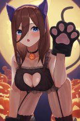Rule 34 | 1girl, absurdres, animal ears, animal hands, bare shoulders, black thighhighs, blue eyes, blush, breasts, brown hair, cat ears, cat lingerie, cat paws, cat tail, fake animal ears, fake tail, gloves, go-toubun no hanayome, hair between eyes, halloween, halloween costume, highres, hiyoku, jack-o&#039;-lantern, jewelry, large breasts, long hair, looking at viewer, meme attire, moon, nakano miku, necklace, night, night sky, open mouth, paw gloves, pumpkin, sky, tail, thick thighs, thighhighs, thighs, wide hips