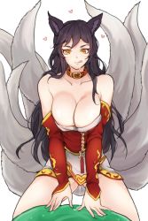 Rule 34 | 1girl, :p, :q, ahri (league of legends), animal ears, bare shoulders, black hair, breasts, cleavage, collar, detached sleeves, facial mark, female focus, fox ears, fox tail, heart, korean clothes, large breasts, league of legends, licking lips, long hair, looking at viewer, multiple tails, nago purin, pussy juice, solo, strapless, tail, tongue, tongue out, yellow eyes