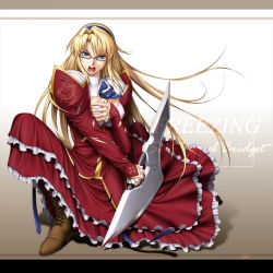 Rule 34 | 1girl, blonde hair, blue eyes, boots, bow, breasts, cleavage cutout, clothing cutout, detached sleeves, dress, freezing (series), frilled dress, frills, glasses, hairband, holding, holding sword, holding weapon, kneeling, lace trim, large breasts, satellizer el bridget, school uniform, solo, sword, tagme, torn clothes, uniform, weapon