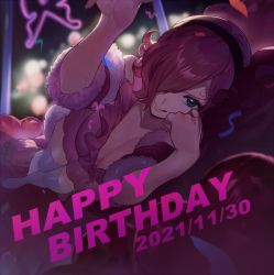 Rule 34 | 1girl, :p, blue eyes, dated, english text, hair over one eye, hand up, happy birthday, highres, looking at viewer, lying, on side, one piece, pink hair, pink theme, qin (7833198), short hair, smile, solo, tongue, tongue out, vinsmoke reiju