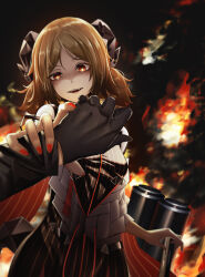 Rule 34 | 1girl, 1other, absurdres, arknights, black dress, black gloves, breasts, brown hair, commission, cowboy shot, dress, fingernails, fire, gloves, highres, holding another&#039;s wrist, horns, ifrit (arknights), kureneko, long fingernails, looking at viewer, low twintails, multiple girls, nail polish, parted bangs, parted lips, pixiv commission, pov, red eyes, red nails, shaded face, small breasts, solo focus, striped clothes, striped dress, twintails, vertical-striped clothes, vertical-striped dress