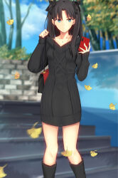 Rule 34 | 1girl, alternate costume, bag, black footwear, black hair, black ribbon, black sweater, blue eyes, blue sky, boots, cellphone, closed mouth, cloud, collarbone, commentary request, earrings, fate/stay night, fate (series), hair ribbon, handbag, highres, holding, holding phone, iro (sekaixiro), jewelry, leaf, long sleeves, looking at viewer, necklace, outdoors, parted bangs, phone, ribbon, sky, sleeves past wrists, solo, sweater, tohsaka rin, tree, two side up