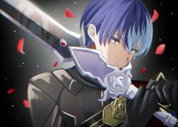 Rule 34 | 2boys, aoyagi touya, black gloves, blue hair, closed mouth, commentary, dark blue hair, gloves, grey eyes, highres, holding, holding sword, holding weapon, kaitou shinshi no harahara!? white day (project sekai), male focus, multicolored hair, multiple boys, never give up cooking! (project sekai), official alternate costume, official alternate hairstyle, orange hair, petals, project sekai, reflection, shinonome akito, split-color hair, sword, two-tone hair, weapon, yk62