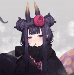 Rule 34 | 1girl, blunt bangs, blush, double bun, hair bun, highres, hololive, hololive english, horns, japanese clothes, kimono, looking at viewer, mole, mole under eye, ninomae ina&#039;nis, ninomae ina&#039;nis (new year), official alternate costume, parted lips, pointy ears, purple eyes, purple hair, solo, tentacles, terupancake, upper body, virtual youtuber
