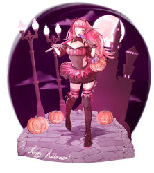 Rule 34 | 1girl, axe, belt, breasts, candy, cleavage, earrings, female focus, fire emblem, fire emblem: three houses, food, full body, gloves, halloween, halloween bucket, halloween costume, happy halloween, highres, hilda valentine goneril, holding, holding axe, jack-o&#039;-lantern, jewelry, lollipop, long hair, love bunchy, matching hair/eyes, nail polish, nintendo, one eye closed, open mouth, pink eyes, pink hair, ponytail, pumpking, solo, thighhighs, thighs, twitter username, wink, zettai ryouiki
