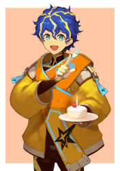 Rule 34 | 1boy, :d, aqua eyes, astel leda, blonde hair, blue hair, border, cake, candle, coat, commentary request, cowboy shot, food, fork, hair between eyes, highres, holding, holding fork, holding plate, holostars, index finger raised, looking at viewer, male focus, messy hair, multicolored hair, nakamura eight, open mouth, orange background, plate, short hair, simple background, smile, solo, standing, streaked hair, virtual youtuber, white border, yellow coat