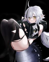 Rule 34 | 1girl, absurdres, ahoge, arknights, black background, black shirt, black sleeves, black thighhighs, crocodilian tail, detached sleeves, gloves, green hair, grey gloves, grey hair, hair between eyes, highres, holding, holding staff, light blush, long hair, looking at viewer, multicolored hair, nolo (rokisonin r), partially fingerless gloves, pointy ears, shirt, simple background, solo, staff, streaked hair, tail, thighhighs, tomimi (arknights), yellow eyes