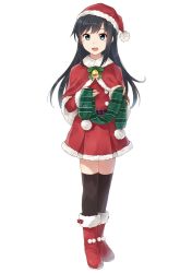 Rule 34 | 1girl, :d, alternate costume, asashio (kancolle), bell, belt, belt buckle, black hair, black thighhighs, blue eyes, blush, bobblehat, boots, buckle, capelet, dress, full body, fur-trimmed boots, fur-trimmed dress, fur trim, green ribbon, green scarf, hat, holding, kantai collection, knee boots, legs together, long hair, long sleeves, open mouth, pom pom (clothes), red dress, red footwear, red hat, ribbon, santa costume, santa hat, satsumi, scarf, sidelocks, simple background, smile, solo, standing, striped, tareme, thighhighs, unworn scarf, white background, zettai ryouiki