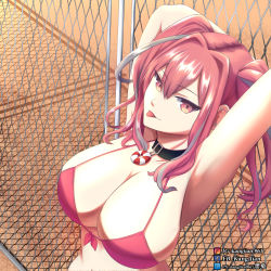 Rule 34 | 1girl, :p, absurdres, arm behind head, armpits, arms up, azur lane, bikini, black collar, breasts, bremerton (azur lane), chain-link fence, chinese commentary, collar, commentary request, ear piercing, facebook logo, facebook username, fence, from above, front-tie bikini top, front-tie top, grey hair, hair between eyes, hair intakes, highres, instagram logo, instagram username, kang jian, large breasts, lifebuoy ornament, long hair, looking at viewer, midriff, mixed-language commentary, multicolored hair, navel, no jacket, no mole, piercing, pink bikini, pink eyes, pink hair, pixiv logo, pixiv username, shadow, sidelocks, smile, solo, standing, streaked hair, stretching, swimsuit, tongue, tongue out, twintails, two-tone hair, two-tone shirt, upper body, watermark