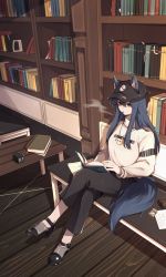 Rule 34 | 1girl, absurdres, alternate costume, animal ears, arknights, artist name, black footwear, black hair, black headwear, black pants, book, bookshelf, cigarette pack, commentary, ears through headwear, hair between eyes, high heels, highres, holding, holding book, if f, jewelry, crossed legs, long hair, long sleeves, mouth hold, necklace, open book, pants, penguin logistics logo, reading, sitting, smorking, solo, sweater, tail, texas (arknights), white sweater, wolf ears, wolf girl, wolf tail, wooden floor, yellow eyes