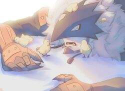 Rule 34 | 1boy, beelzebumon, bird, chick, close-up, closed eyes, colored skin, digimon, digimon (creature), eye mask, fur collar, highres, lower teeth only, on ground, open mouth, remonpiero, sleeping, spiked hair, teeth, third eye, white hair, white skin
