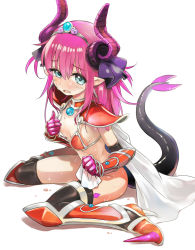 Rule 34 | 10s, 1girl, adjusting clothes, armor, bikini armor, blue eyes, cape, dragon girl, dragon horns, dragon tail, elizabeth bathory (brave) (fate), elizabeth bathory (fate), fate/extra, fate/extra ccc, fate/grand order, fate (series), flat chest, gauntlets, handkerchief, holding, horns, long hair, looking at viewer, loose bikini, oversized clothes, pointy ears, purple hair, rori chuushin, shoes, simple background, sitting, solo, spikes, sweat, tail, tiara, wariza, wet, wet clothes, white background