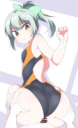 Rule 34 | 1boy, 1girl, ass, bar censor, bare arms, bare shoulders, black one-piece swimsuit, blush, breasts, brown eyes, buttjob, censored, closed mouth, commentary request, commission, competition swimsuit, from behind, green hair, green ribbon, hair ribbon, hetero, kantai collection, long hair, medium breasts, one-piece swimsuit, penis, ponytail, reverse cowgirl position, ribbon, sex from behind, shigino sohuzi, skeb commission, solo focus, straddling, swimsuit, yuubari (kancolle)