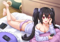 Rule 34 | 1girl, :d, bare legs, barefoot, bed, black hair, bow, bow panties, brand name imitation, breasts, cellphone, cleavage, collarbone, creatures (company), feet, full body, game freak, gen 1 pokemon, hand on own cheek, hand on own face, handheld game console, indoors, kazenokaze, kougetsu rin, leg up, long hair, long sleeves, lying, medium breasts, nintendo, nintendo ds, off shoulder, on bed, on stomach, open mouth, original, panties, phone, pillow, pink panties, playstation portable, pokemon, pokemon (creature), red eyes, smartphone, smile, snorlax, solo, stuffed animal, stuffed toy, sweater, the pose, twintails, two side up, underwear