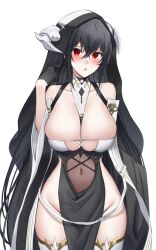 Rule 34 | 1girl, artist name, azur lane, bare shoulders, black gloves, black hair, blush, breasts, cleavage, collarbone, cosplay, covered navel, cowboy shot, crossed bangs, fake horns, gloves, groin, habit, hair between eyes, hand up, highres, horns, implacable (azur lane), implacable (azur lane) (cosplay), large breasts, long hair, navel, parted lips, pelvic curtain, red eyes, simple background, solo, taihou (azur lane), thighhighs, twitter username, very long hair, white background, white thighhighs, yorugami rei