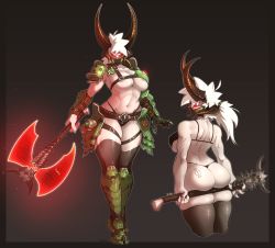 Rule 34 | 1girl, abs, areola slip, armor, armored boots, ass support, ass tattoo, axe, back, bikini, black bikini, black sclera, black thighhighs, boots, breasts, colored sclera, commentary, covered mouth, demon girl, demon horns, doom (series), doom eternal, energy axe, english commentary, faulds, from behind, full body, g-string, gauntlets, genderswap, genderswap (mtf), glowing, glowing eyes, green footwear, highres, holding, holding axe, holding weapon, horns, huge weapon, justrube, large breasts, legs together, long hair, looking back, low ponytail, marauder (doom eternal), mask, mouth mask, multiple views, muneate, pale skin, pauldrons, red eyes, scar, shoulder armor, single gauntlet, skindentation, standing, swimsuit, thick thighs, thighhighs, thighhighs under boots, thighs, thong, thong bikini, tiptoes, turnaround, underboob, vambraces, weapon, white hair