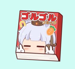 Rule 34 | 1girl, animal ears, blue background, blush stickers, book, brown hat, chibi, closed eyes, double v, ear covers, facing viewer, gold ship (umamusume), gomashio (goma feet), grey hair, hat, horse ears, mini hat, simple background, solo, translation request, umamusume, v