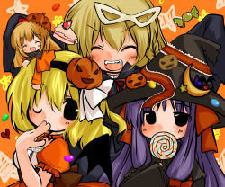 Rule 34 | 4girls, alice margatroid, bat wings, blonde hair, cake, candy, closed eyes, female focus, food, food-themed hair ornament, food themed hair ornament, futami yayoi, hair ornament, halloween, hat, jack-o&#039;-lantern, kirisame marisa, lollipop, multiple girls, one eye closed, pastry, patchouli knowledge, pumpkin, pumpkin hair ornament, pumpkin hat, purple hair, shanghai doll, swirl lollipop, touhou, vampire, wings, wink, witch, witch hat