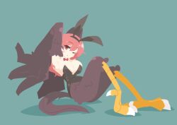 Rule 34 | 1girl, animal ears, big o pants, bird ears, bird legs, bird tail, black feathers, black leotard, black wings, blush, bow, breasts, cleavage, commentary request, detached collar, fake animal ears, feather fingers, feathers, fio-chan (big o pants), green background, harpy, highleg, highleg leotard, large breasts, leotard, long hair, looking at viewer, monster girl, one eye closed, original, playboy bunny, rabbit ears, red bow, red eyes, red hair, simple background, solo, strapless, strapless leotard, tail, talons, winged arms, wings