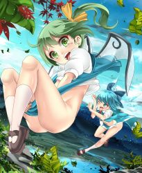 Rule 34 | 2girls, blue eyes, blue hair, bow, cirno, covering crotch, covering privates, daiyousei, day, dress, dress tug, fairy wings, female focus, flying, green eyes, green hair, hair bow, ice, ice wings, leaf, legs, looking at viewer, mary janes, mikoma sanagi, multiple girls, nature, no panties, river, scenery, shoes, side ponytail, sky, socks, sparkle, tears, touhou, white legwear, wince, wind, wind lift, wings
