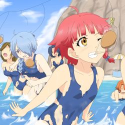 Rule 34 | 10s, 6+girls, ahoge, all fours, beach, beach umbrella, blue hair, blue one-piece swimsuit, blunt bangs, blush, braid, breasts, chris (cross ange), cleavage, clenched teeth, closed eyes, clothes pin, cloud, cross ange, day, dissolving clothes, faceless, faceless female, food, gobanme no mayoi neko, green hair, groin, hair bobbles, hair ornament, hair over one eye, hair over shoulder, highres, leaning forward, long hair, mouth hold, multiple girls, navel, ocean, one-piece swimsuit, open mouth, orange hair, outdoors, purple eyes, red hair, rosalie (cross ange), school swimsuit, scrunchie, short hair, side braid, silver hair, single braid, sky, small breasts, standing, swimsuit, table, teeth, torn clothes, torn swimsuit, umbrella, vivian (cross ange), wading, water, wavy mouth, wire, wrapper, yellow eyes