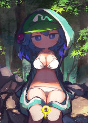 Rule 34 | 1girl, blue coat, blue eyes, blue hair, blush, breasts, chii (tsumami tsumamare), cleavage, closed mouth, coat, collarbone, flat cap, green hat, hair between eyes, hair bobbles, hair ornament, hat, hood, hood up, hooded coat, kawashiro nitori, key, medium breasts, short hair, sleeves past fingers, sleeves past wrists, solo, touhou, two side up