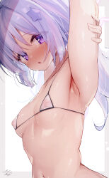 Rule 34 | 1girl, :o, armpits, arms up, artist name, bikini, blue archive, blue hair, blush, breasts, commentary request, e-note, hair ornament, heavy breathing, highres, long hair, looking at viewer, micro bikini, multicolored hair, navel, pink hair, purple eyes, reisa (blue archive), small breasts, star (symbol), star hair ornament, sweat, swimsuit, tears, two-tone hair, upper body, white bikini