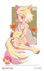 Rule 34 | 1girl, animal feet, animal hands, blonde hair, blush, bodypaint, bra, breasts, commentary request, criss-cross halter, fang, flower, fox, fox girl, fox hat, full body, halterneck, highres, kekipai, kitsune, medium breasts, moonlight flower, nine tail (ragnarok online), open mouth, orange flower, petting, ragnarok online, red eyes, rock, short hair, sitting, smile, solo, underboob, underwear, yellow bra