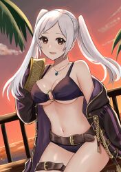 1girl belt belt_buckle bikini black_bikini black_robe breasts brown_belt brown_eyes buckle cleavage closed_mouth cloud fire_emblem fire_emblem_awakening fire_emblem_heroes highres long_hair long_sleeves looking_at_viewer medium_breasts mixed-language_commentary navel nintendo off_shoulder official_alternate_costume open_clothes open_robe orange_sky otokajife outdoors palm_tree robe robin_(female)_(fire_emblem) robin_(female)_(summer)_(fire_emblem) robin_(fire_emblem) sitting sky sleeves_past_fingers sleeves_past_wrists smile solo stomach sunset swept_bangs swimsuit tree twintails twitter_username white_hair