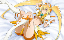 Rule 34 | 10s, 1girl, bike shorts, blonde hair, blush, boots, bow, breasts, brooch, cure sunshine, eyelashes, flapper shirt, hair ribbon, heart, heart brooch, heartcatch precure!, high heels, highres, knee boots, legs, long hair, lying, magical girl, midriff, myoudouin itsuki, nakahira guy, navel, orange bow, orange skirt, precure, ribbon, shirt, shoes, skirt, small breasts, solo, twintails, underboob, wallpaper, white background, yellow bow, yellow eyes